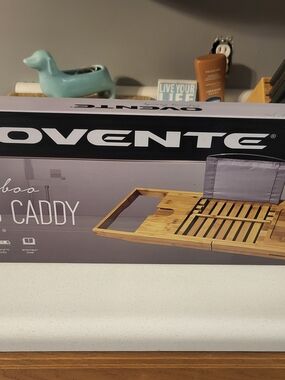 Ovente Bamboo Bath Caddy Tray - Natural Bamboo Finish